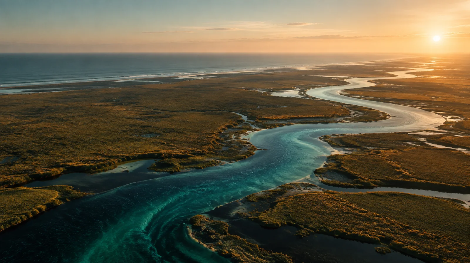 A cinematic creative study of a winding coastal channel at dawn